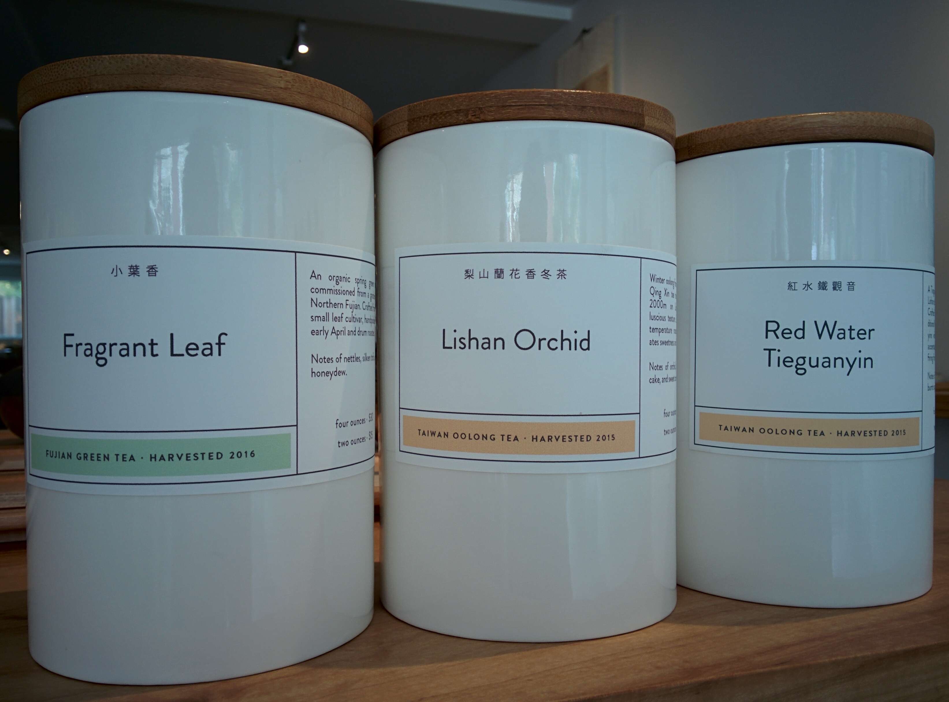 Song Tea's Fragrant Leaf Green Tea, Lishan Orchid oolong, and Red Water Tieguanyin oolong